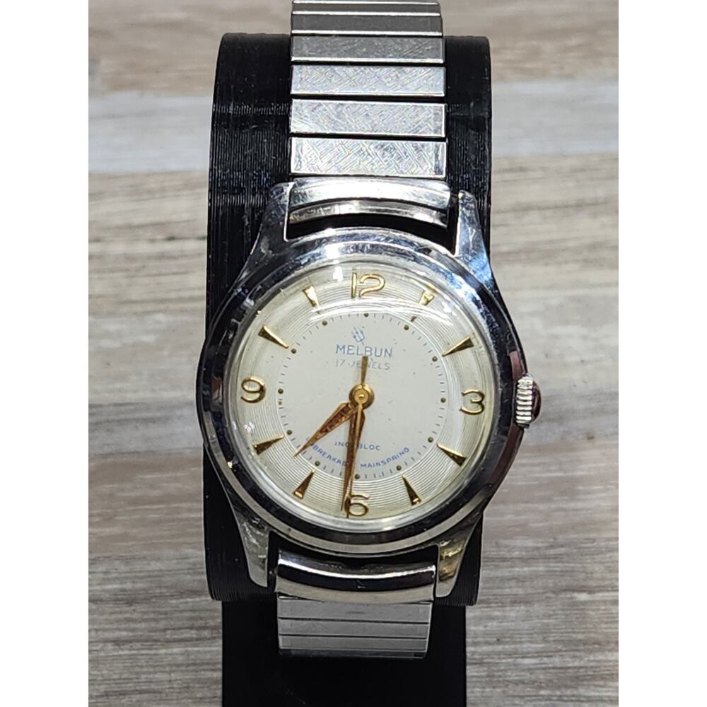 Vintage Melbun Incabloc Watch Mens 17 Jewels White Dial Military 1950s, Working - Picture 2 of 8